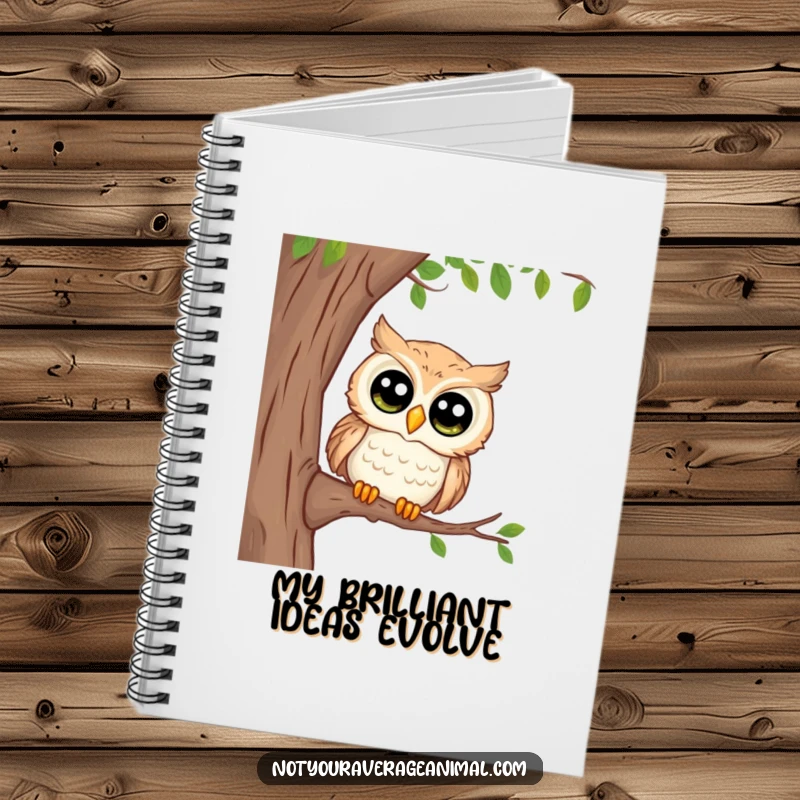 Funny notebook with a curious owl and large eyes peeking from a branch, encouraging detailed note-taking and witty observations.