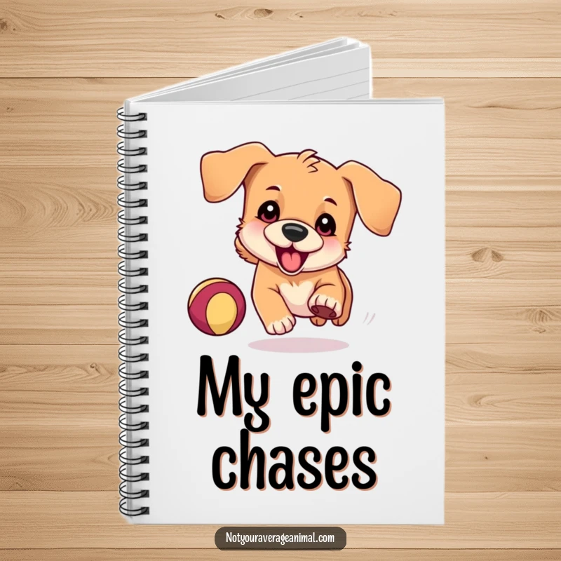 Funny Notebook cover with a playful dog, floppy ears flowing, hilariously chasing a bouncing ball, perfect for jotting down fun notes.