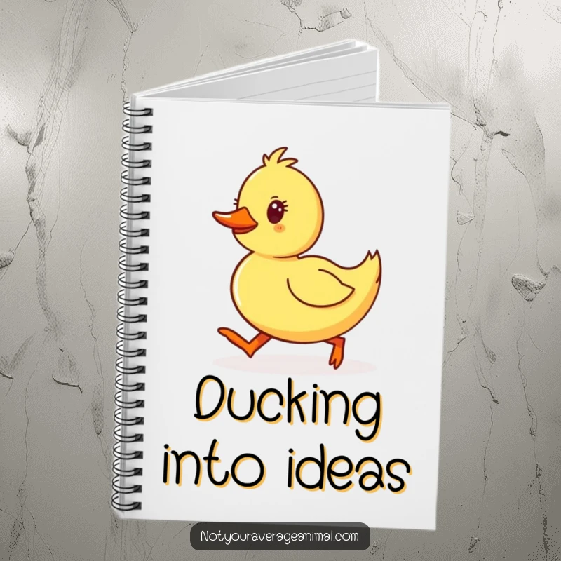 Funny Duckling Notebook designed with a yellow duckling waddling with determined, happy steps, symbolizing cheerful productivity.
