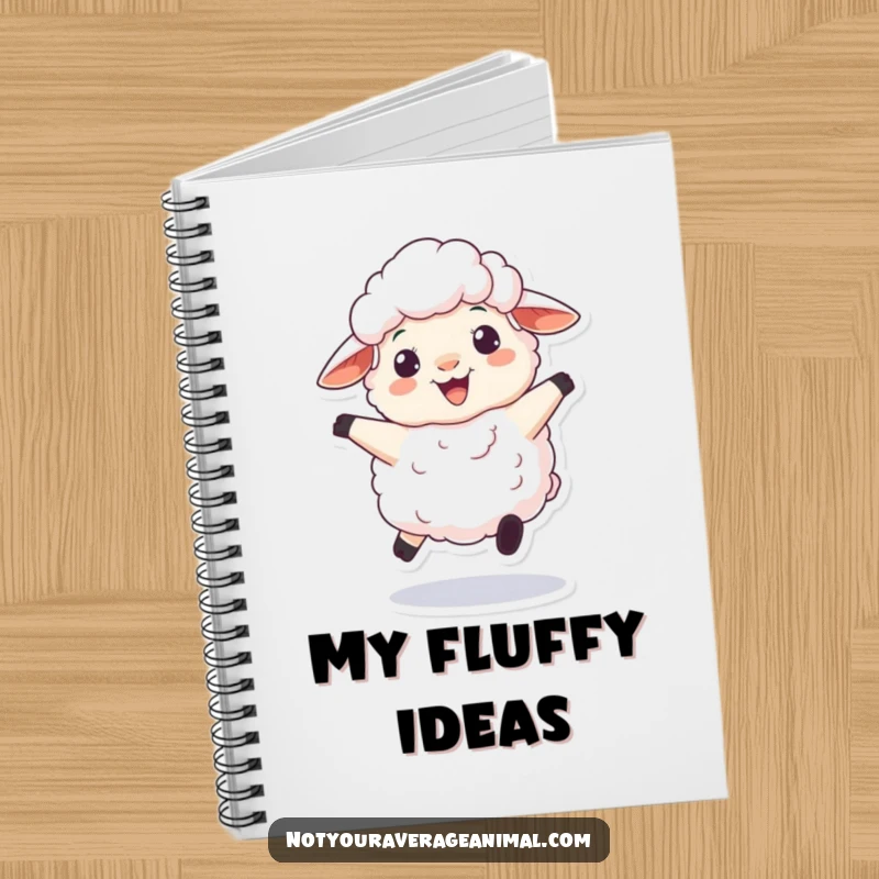 Funny notebook cover with a fluffy sheep character playfully bouncing with a woolly grin, perfect for jotting down happy thoughts.
