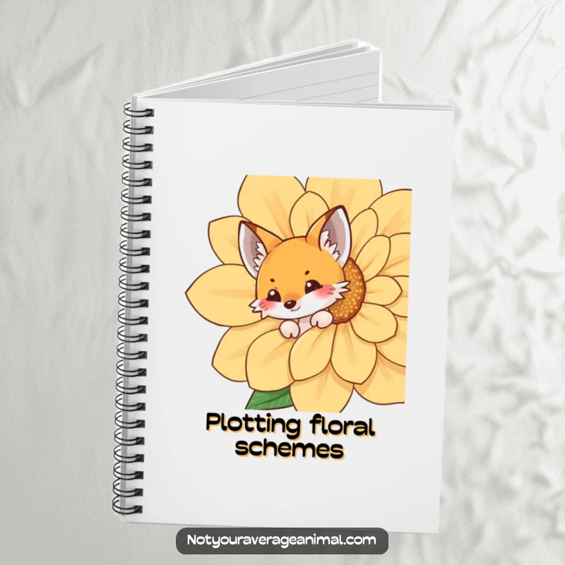 Funny fox notebook featuring a playful fox peeking from behind a large flower, perfect for writing with a whimsical touch.