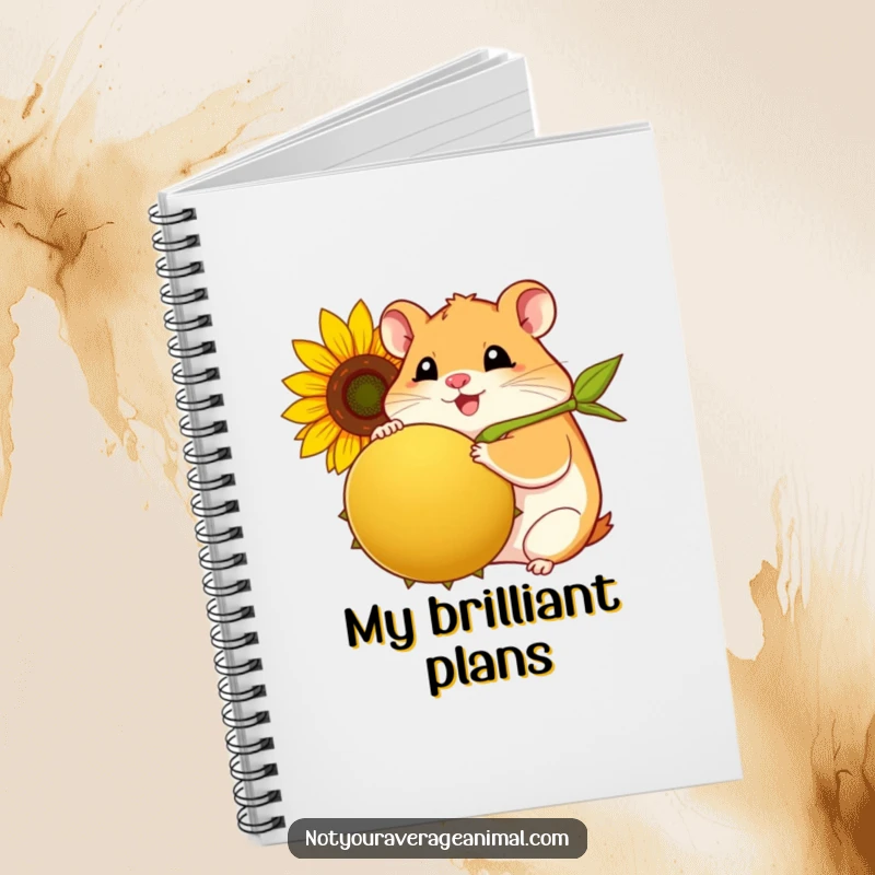 Funny hamster notebook with a plump, smiling hamster happily holding a giant sunflower seed.