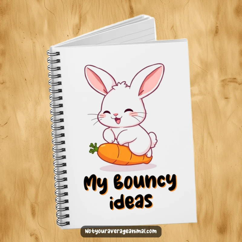 Funny notebook cover featuring a fluffy rabbit with big ears, joyfully hopping over a comically bouncing carrot, perfect for jotting notes.