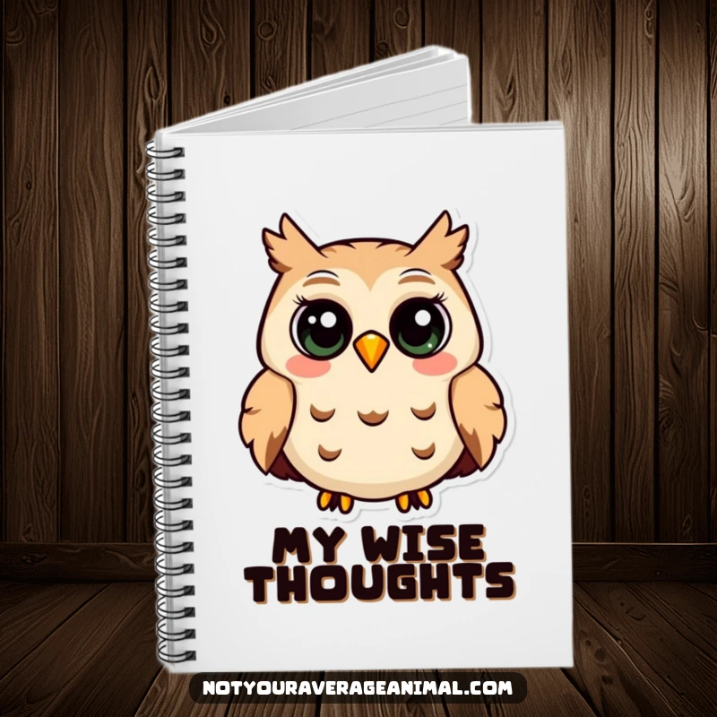 Funny notebook cover with a smiling owl, large eyes, and a contented hoot, inspiring wise thoughts.