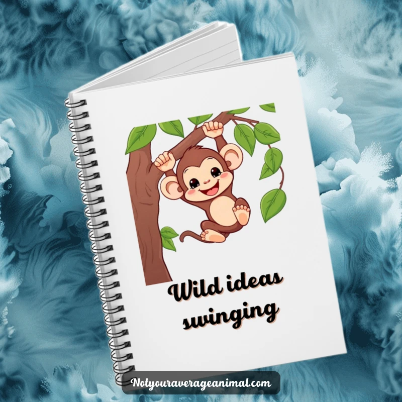 Funny notebook with a silly monkey swinging on a vine, ideal for jotting down ideas with a humorous and adventurous theme.