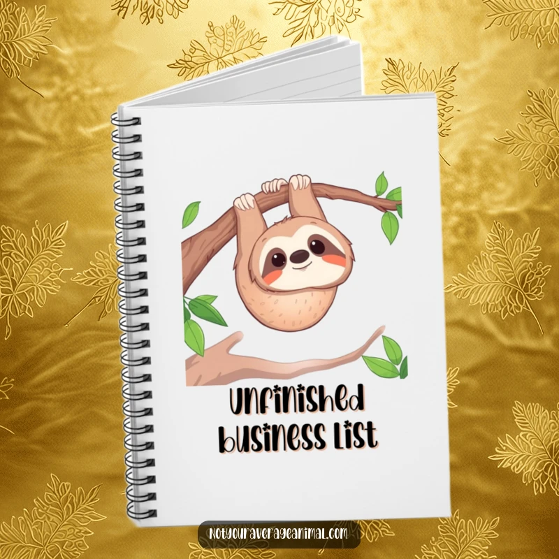 Funny notebook: A happy sloth smiles while hanging upside down, perfect for jotting down thoughts.