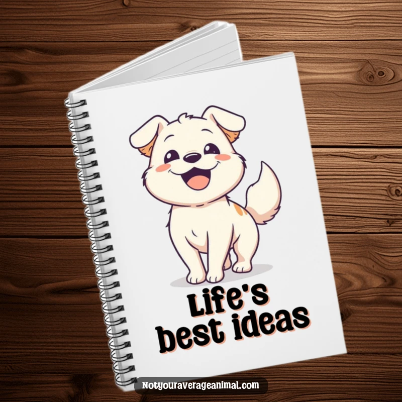 Funny happy dog notebook with an energetic dog furiously wagging its tail, perfect for jotting down notes with canine cheer.