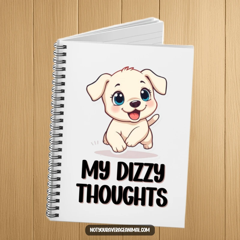Funny puppy notebook featuring a small dog with wide, excited eyes, comically chasing its tail, ideal for jotting down notes.