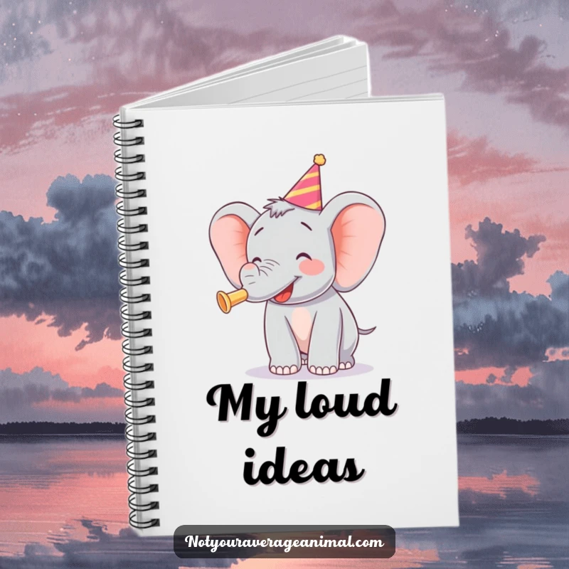 Funny notebook cover with a joyful elephant blowing a party horn, perfect for recording happy moments.