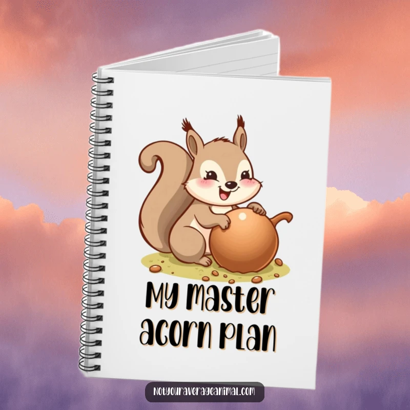 Funny notebook with a happy squirrel burying a giant acorn on the cover, encouraging creative thoughts and humorous note-taking.