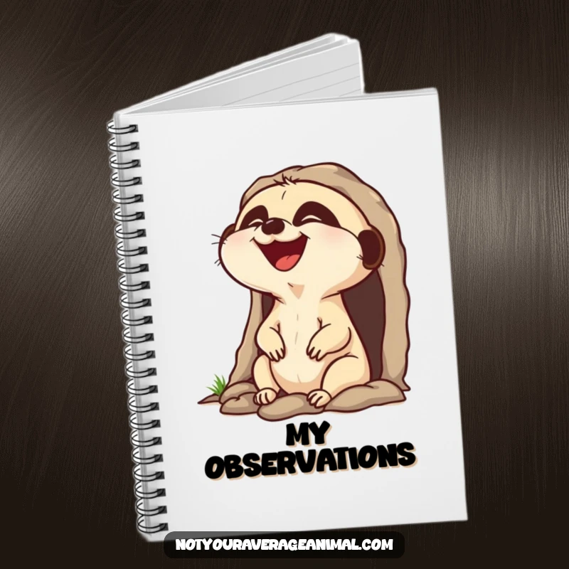 Funny laughing meerkat notebook with a character popping head out of burrow laughing, great for notes.