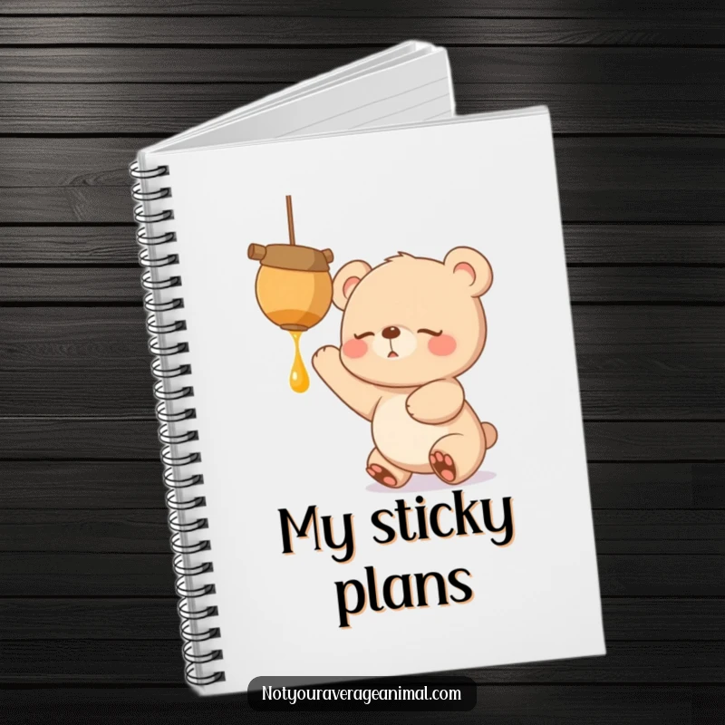 Funny notebook cover featuring a sleepy bear cub with excited eyes, reaching for a dangling honeypot, perfect for jotting sweet ideas.