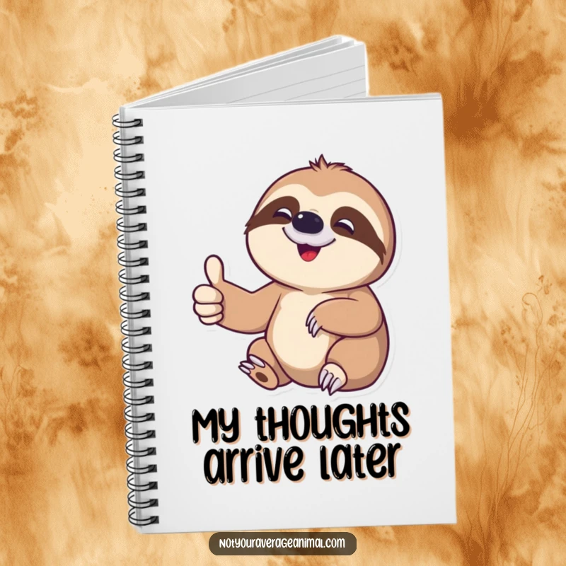 Funny sloth notebook with a delighted character giving a slow thumbs-up, ideal for note-taking and creative journaling.
