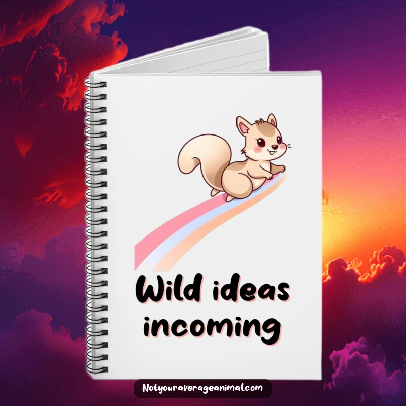 Funny squirrel notebook with a mischievous squirrel sliding down a rainbow, perfect for jotting down notes with a whimsical touch.