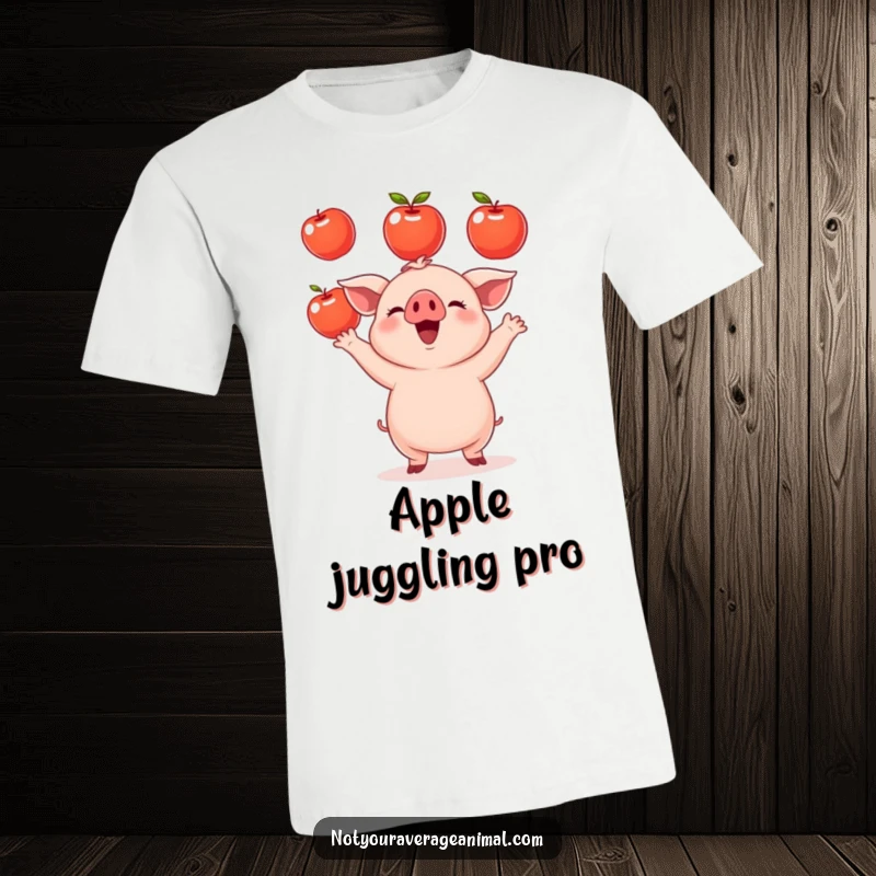 Funny small round piglet t-shirt featuring a happy piglet expertly juggling shiny apples. Comical farmyard fun guaranteed. A great gift.