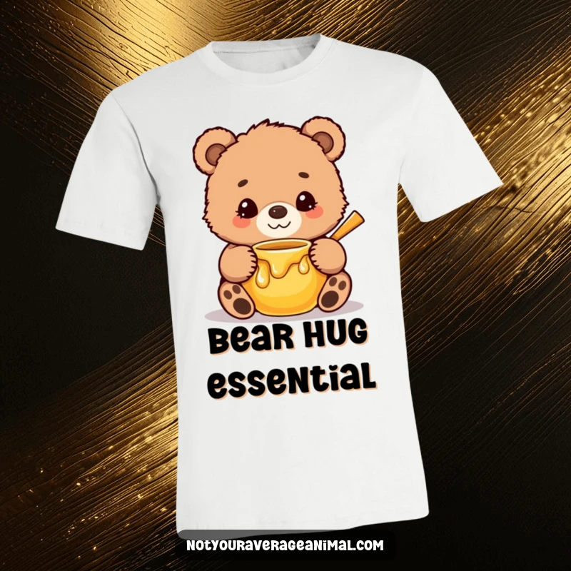 Funny T-Shirt depicting a cute, fuzzy bear cub with a sweet smile, hilariously hugging a honey pot with loving adoration.