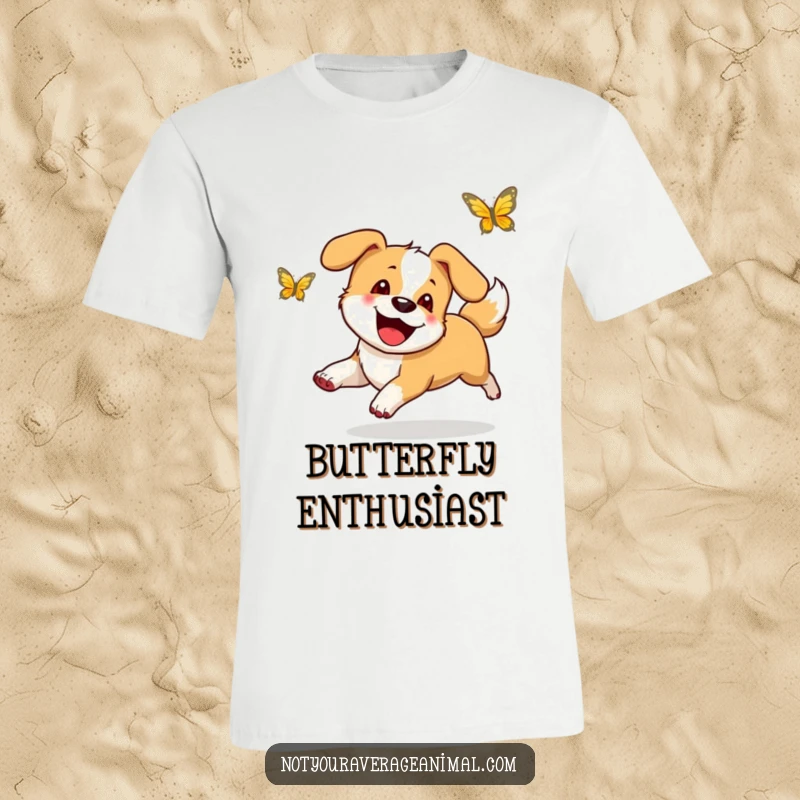 Funny t-shirt graphic of a happy dog with a blur of a wagging tail, enthusiastically chasing a butterfly in a sunny meadow.