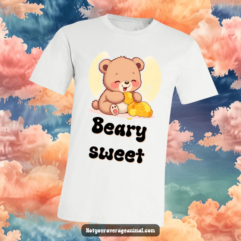 Funny bear cub t-shirt showing a cute cub giggling gleefully while playing with a sticky honeycomb.