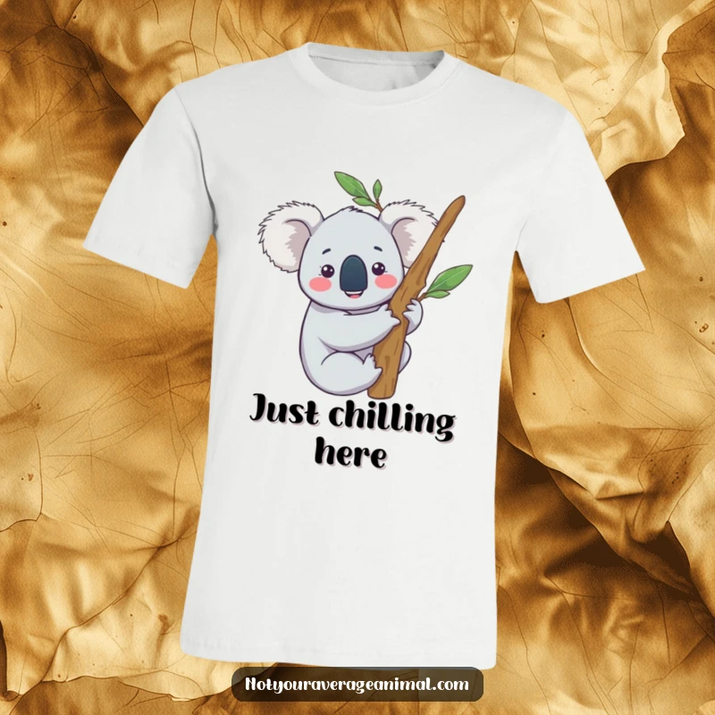 Funny T-Shirt: A content koala character happily hugging a eucalyptus branch, showcasing pure joy and peaceful contentment.