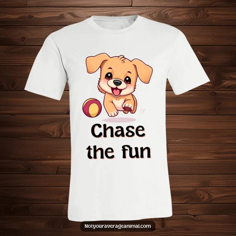 Funny T-Shirt depicting a playful dog with floppy ears, hilariously chasing a bouncing ball, showcasing pure energy and excitement.