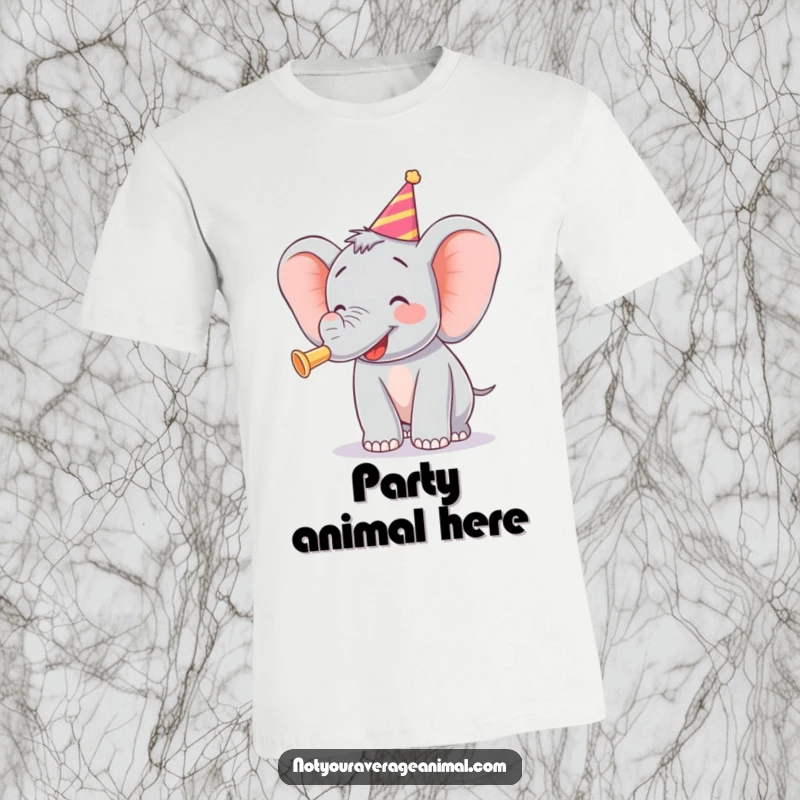 Funny t-shirt depicting a delighted elephant enthusiastically blowing a party horn, embodying pure celebratory joy.