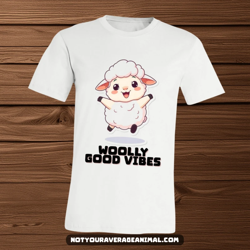 Funny t-shirt graphic of a fluffy sheep character energetically bouncing with a wide, woolly grin, embodying pure, lighthearted fun.