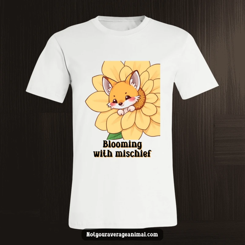 Funny fox t-shirt featuring a playful fox peeking out from behind a large, vibrant flower, perfect for a whimsical and cute look.