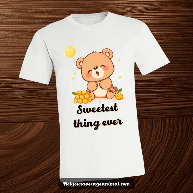 Funny t-shirt with a giggling bear cub delightedly playing with a sticky honeycomb, exuding pure, unadulterated joy.