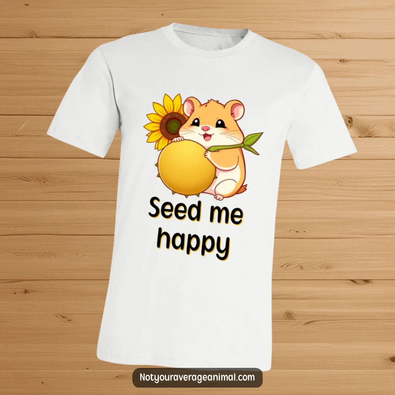 Funny hamster t-shirt featuring a plump, smiling hamster tightly clutching a huge sunflower seed with delight.