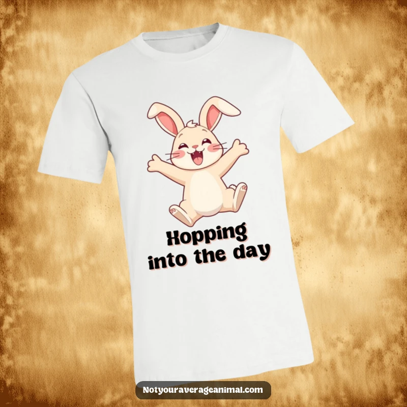 Funny t-shirt of an exhilarated bunny leaping high, ears comically flopped, radiating pure happiness and unrestrained excitement.