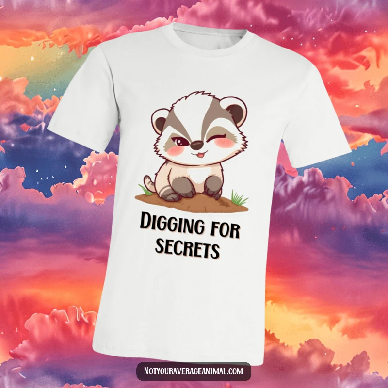 Funny mischievous badger t-shirt, winking while digging, embodying a playful and secretive vibe.