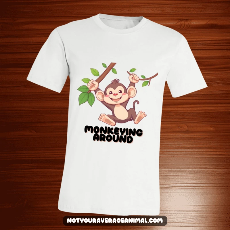 Funny monkey t-shirt depicting a silly monkey with a broad grin, captured mid-swing on a leafy vine.