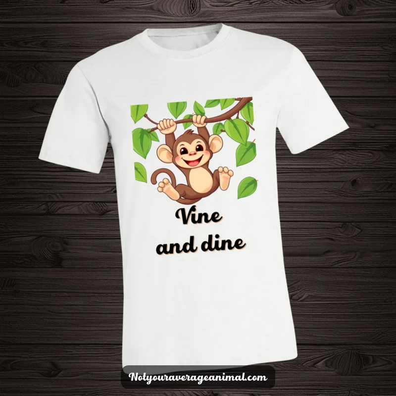 Funny t-shirt showcasing a mischievous monkey mid-swing on a vine, sporting a wide, cheeky grin.