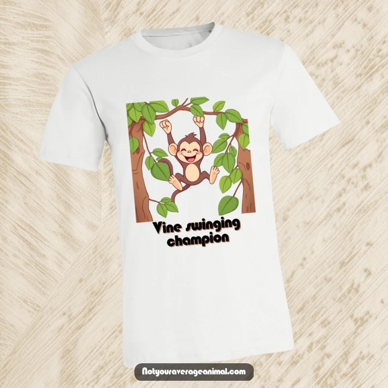 Funny monkey t-shirt showcasing a mischievous primate swinging from a vine, captured mid-giggle with pure joy.