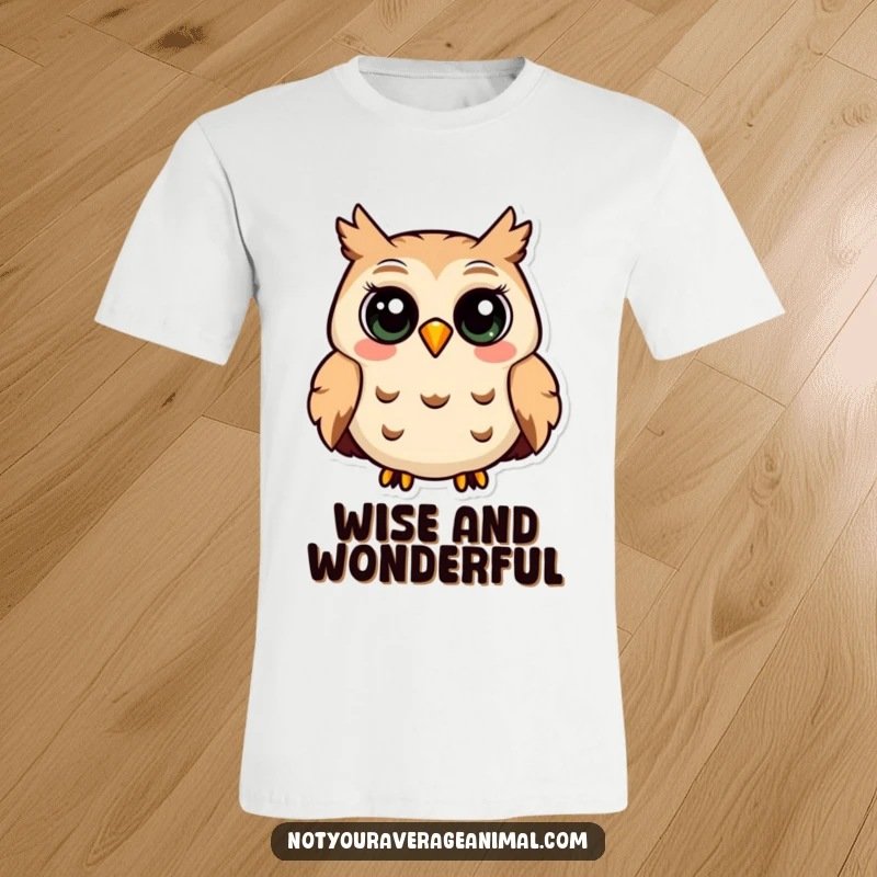 Funny t-shirt depicting a smiling owl with big eyes, letting out a contented hoot, symbolizing cheerful wisdom.