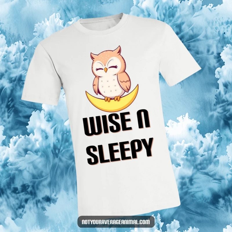 Funny Owl Moon T-Shirt: A contented owl blinks slowly, perched on a crescent moon, embodying peaceful nighttime vibes.