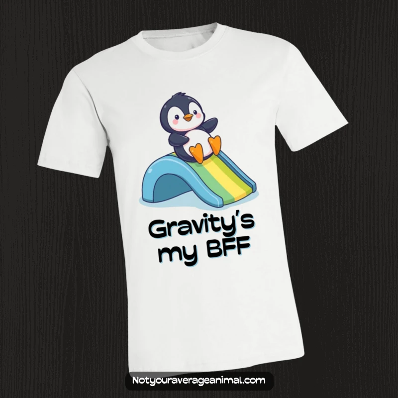 Funny t-shirt showcasing a delighted penguin comically sliding down a bright rainbow, embodying pure, unadulterated fun.