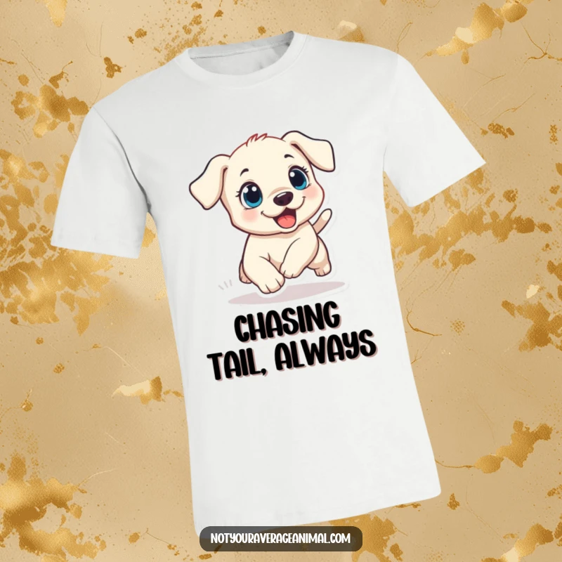Funny puppy t-shirt showcasing a small dog with wide, excited eyes, comically chasing its tail in a playful frenzy.