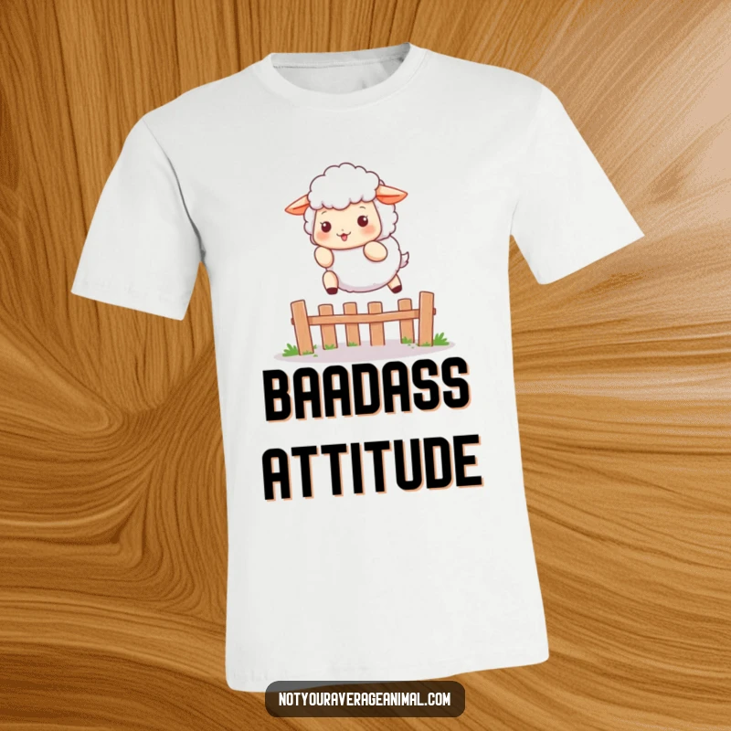 Funny T-shirt featuring a fluffy sheep character playfully leaping over a small fence, ideal for those who love cute farm animal designs.