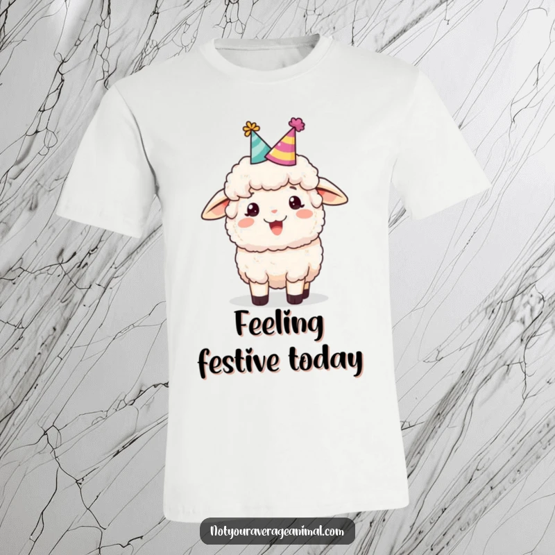 Funny sheep t-shirt designed with a fluffy sheep donning a party hat and bleating merrily, radiating infectious celebratory cheer.