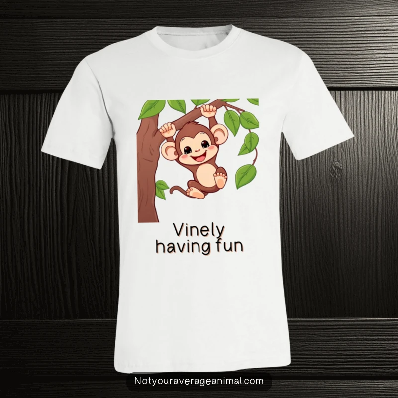 Funny t-shirt featuring a goofy monkey mid-swing on a vine, its face beaming with a comical and infectious grin.