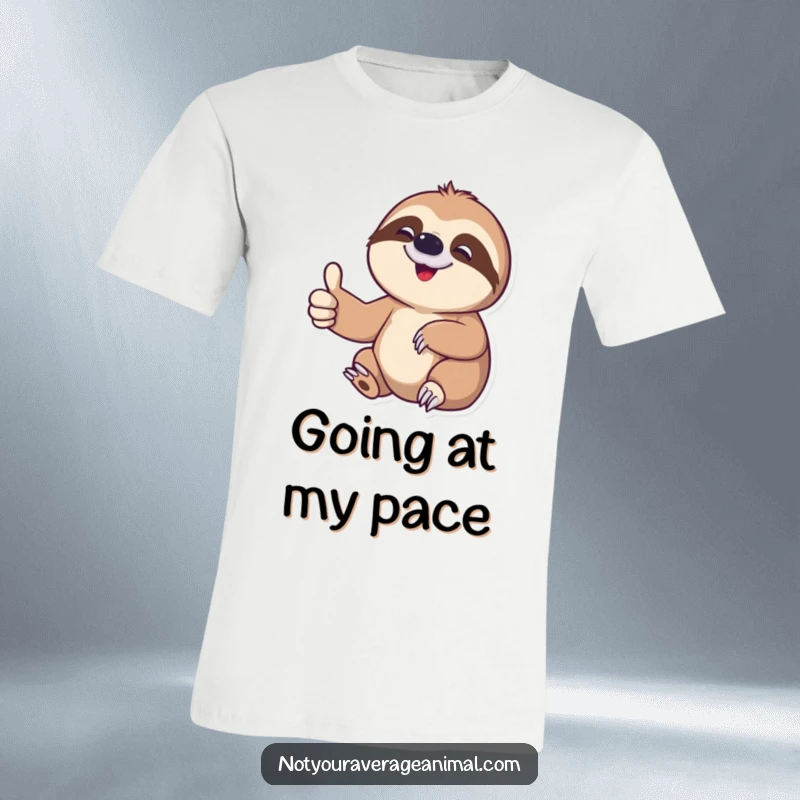 Funny sloth t-shirt featuring a delighted character giving a slow thumbs-up, perfect for casual humor lovers.