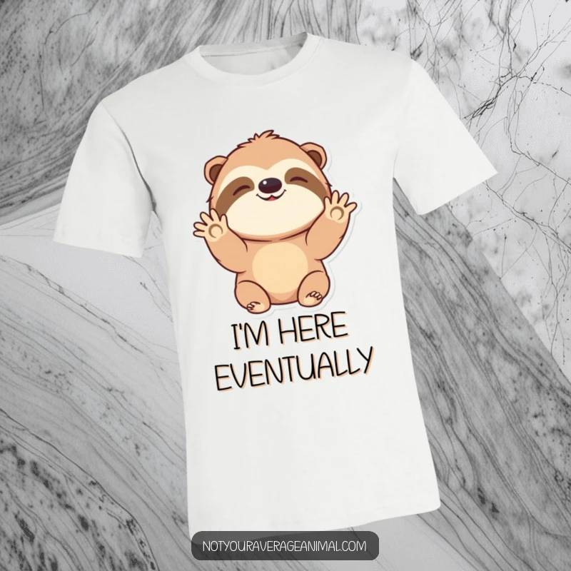 Funny t-shirt showcasing a delightful sloth character animatedly waving hello with a friendly grin.