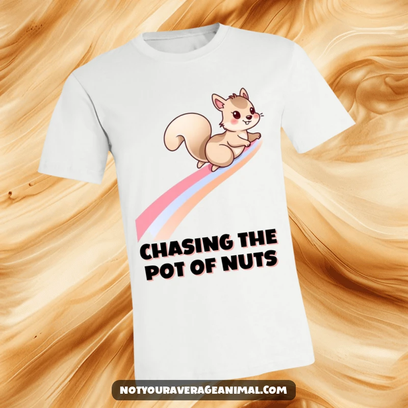 Funny squirrel t-shirt featuring a mischievous squirrel sliding down a colorful rainbow, symbolizing adventure and playful escapism.