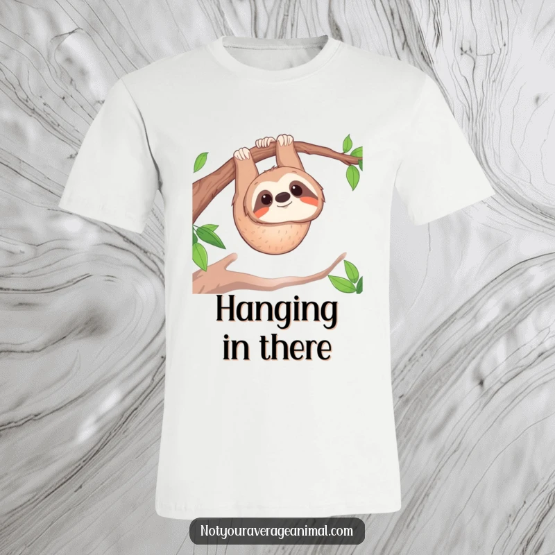 Funny t-shirt: A curious sloth smiles while hanging upside down from a branch, embodying relaxation.