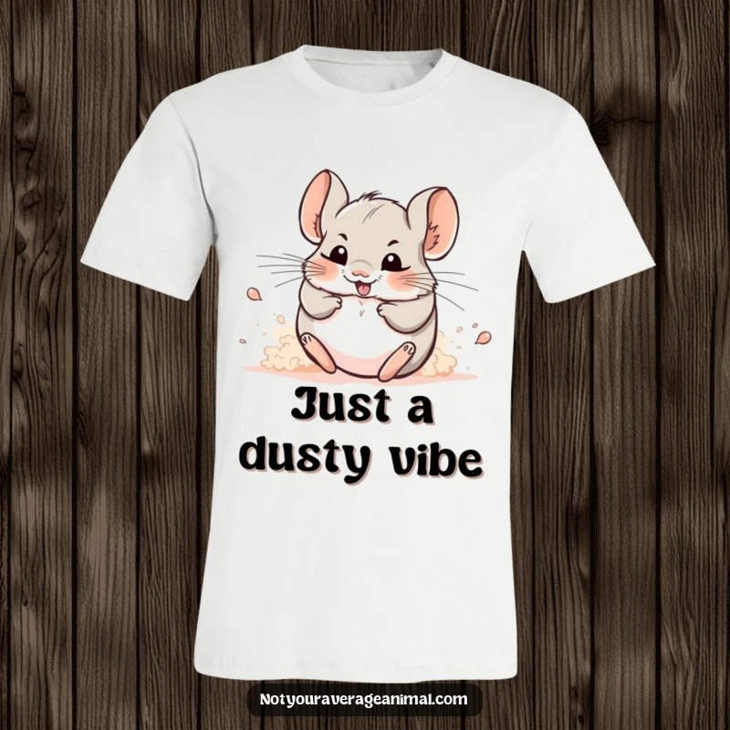 Funny t-shirt: A happy chinchilla rolls playfully in a fluffy cloud of dust, radiating pure joy.