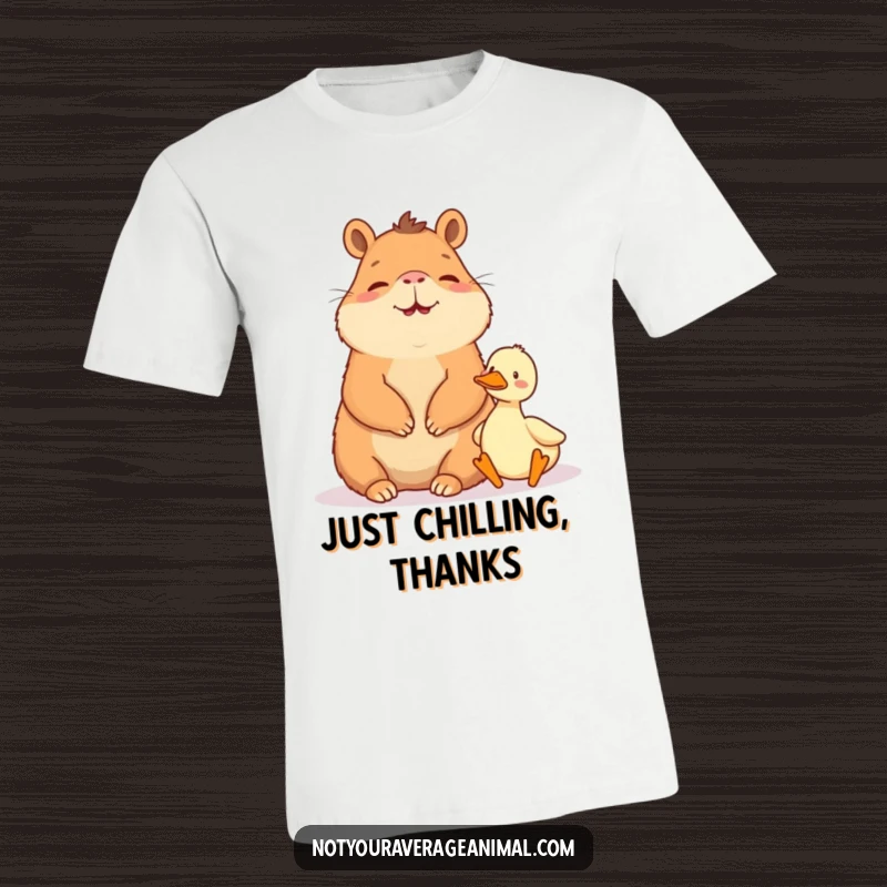 Funny t-shirt: A happy capybara sits peacefully beside a small duck, best friends forever.