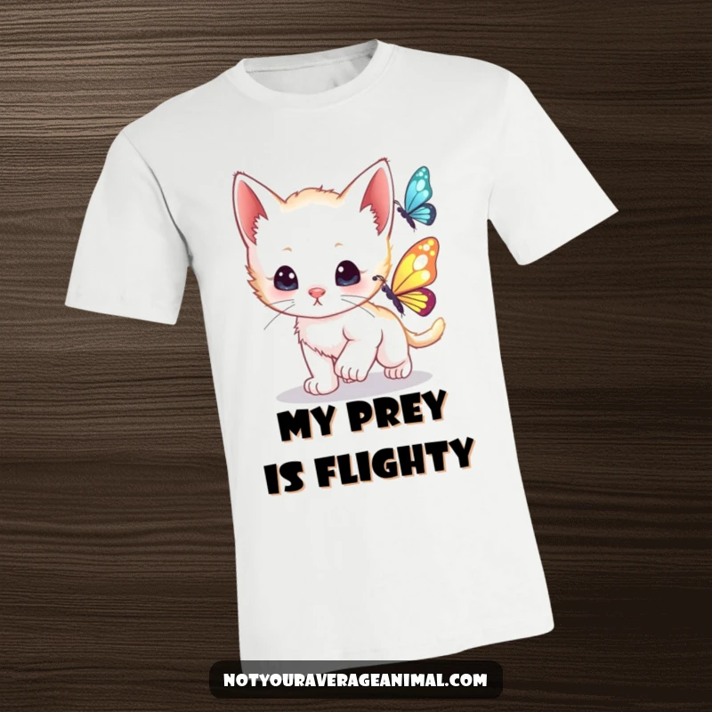 Funny curious kitten leaping in pursuit of a shimmering butterfly on this fun and playful t-shirt.