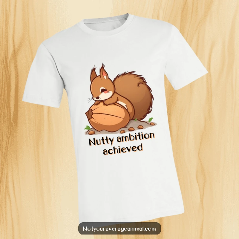 Funny t-shirt featuring a squirrel with a fluffy tail intensely burying a comically large nut, a humorous depiction of hoarding.