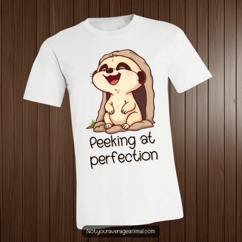 Funny laughing meerkat t-shirt, popping head out of burrow laughing, showcasing infectious joy.